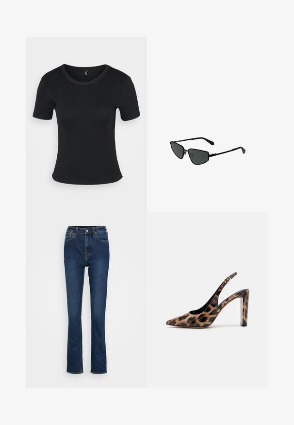 Tricou scurt cu mânecă scurtă de culoare neagră, cu guler rotund. Textură moale și design ajustat, cu o tivă dreaptă și detalii minime.; Blugi din denim albastru cu talie înaltă, cu un design drept, având cinci buzunare, ușoară estompare și accenturi din metal cu ton cupru.; Pantof cu toc înalt, cu imprimeu leopard, cu vârf ascuțit și toc transparent. Fabricat dintr-un material lucios, cu o textură netedă.; Ochelari de soare negri din metal cu rame unghiulare și lentile întunecate. Au brațe subțiri și drepte și suporturi pentru nas pentru o potrivire sigură.