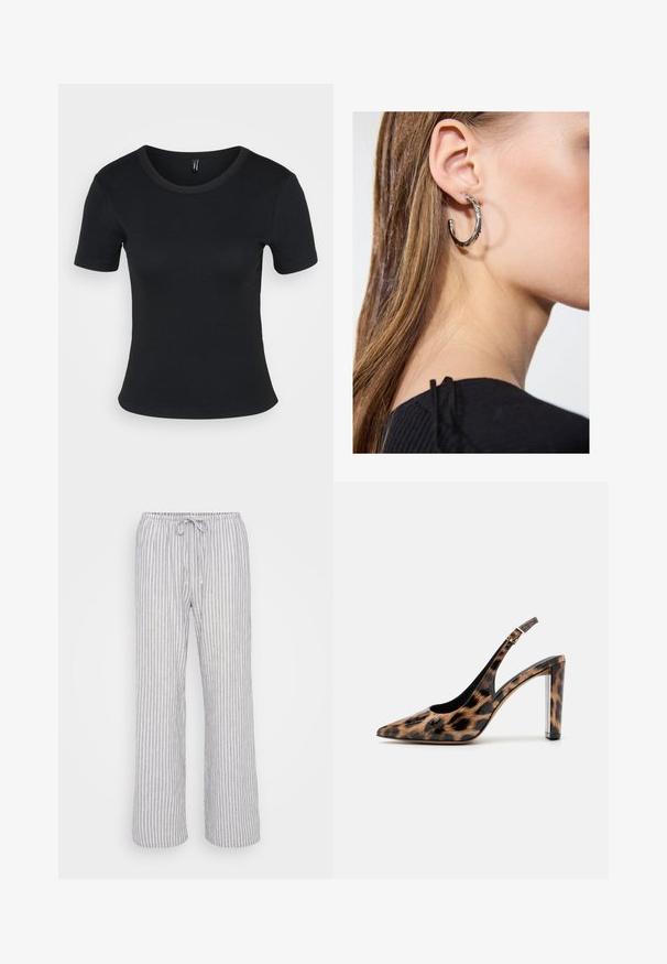 Schwarzes, geripptes Kurzarm-T-Shirt mit rundem Halsausschnitt. Weicher Stoff und figurbetontes Design, mit geradem Saum und minimalistischen Details.; Hellgraue gestreifte Hose mit elastischem Bund, Kordelzugverschluss und weit geschnittenem Design. Hergestellt aus einem weichen, atmungsaktiven Stoff.; Pumps mit Leopardenmuster im Slingback-Stil, spitz zulaufend und mit transparentem Blockabsatz. Hergestellt aus glänzendem Material mit glatter Oberfläche.; Silberne Creolen mit polierter Oberfläche, die kleine goldene Akzentdetails und eine runde Form aufweisen, am Ohrläppchen getragen.