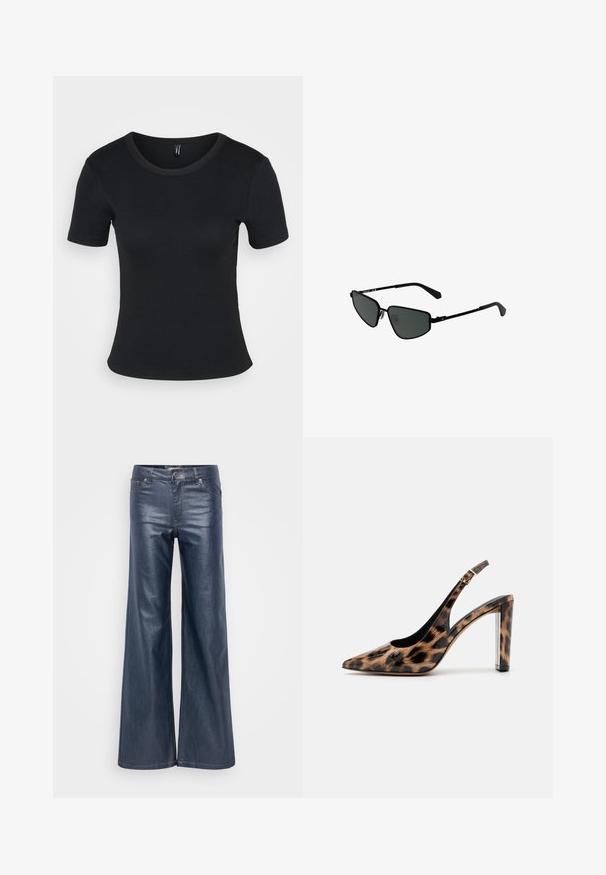 Sort ribbet t-skjorte med korte ermer og rund hals. Myk tekstur og tettsittende design, med rett kant og minimalistiske detaljer.; Bredde ben mørke denimjeans med en glatt tekstur, frontlommer og klassisk knappe- og glidelåsforlukking. Minimalistisk design uten synlige mønstre.; Leopardmønstret slingback pumpsko med spidse tæer og gennemsigtig blokhæl. Lavet af glossy materiale med en glat tekstur.; Svarte metal solbriller med kantete rammer og mørke linser. Har tynne, rette armer og nesepads for en sikker passform.