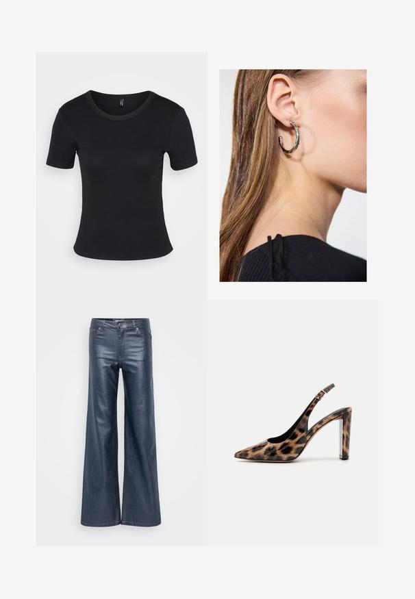 Sort ribbet t-skjorte med korte ermer og rund hals. Myk tekstur og tettsittende design, med rett kant og minimalistiske detaljer.; Bredde ben mørke denimjeans med en glatt tekstur, frontlommer og klassisk knappe- og glidelåsforlukking. Minimalistisk design uten synlige mønstre.; Leopardmønstret slingback pumpsko med spidse tæer og gennemsigtig blokhæl. Lavet af glossy materiale med en glat tekstur.; Sølv ringøredob med en polert finish, med små gull detaljer og en rund form, båret på øreflippen.