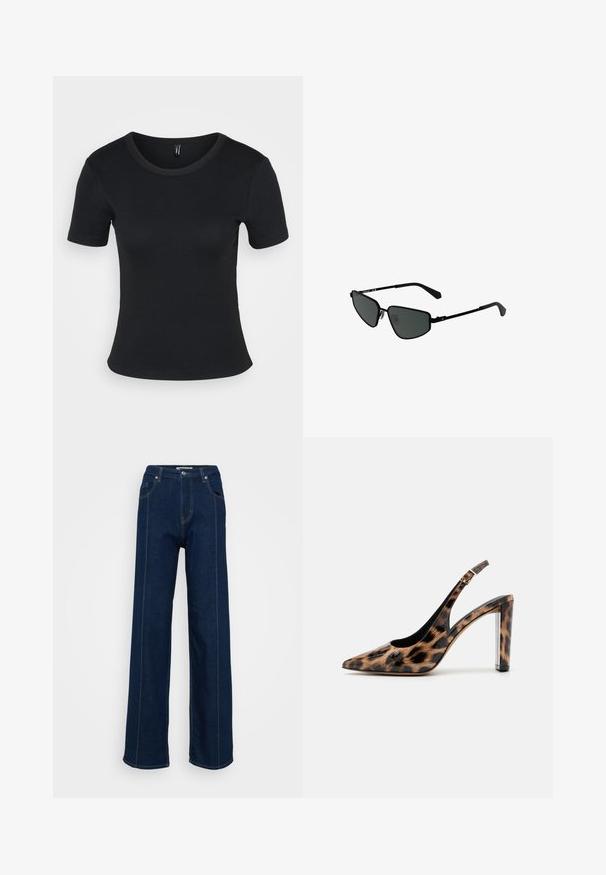 Black ribbed short-sleeve t-shirt with a round neckline. Soft texture and fitted design, featuring a straight hem and minimal detailing.; Dark blue high-waist wide-leg jeans with front pockets, belt loops, and contrast stitching on a plain light background.; Leopard print slingback pump with a pointed toe and transparent block heel. Made of glossy material with a smooth texture.; Black metal sunglasses with angular frames and dark lenses. Features thin, straight arms and nose pads for secure fit.; Silver hoop earring with a polished finish, featuring small gold accent details and a round shape, worn on the lobe.