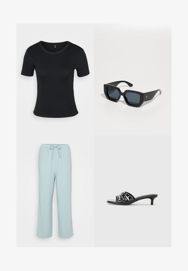 Must mustriba lühikeste varrukatega T-särk, ümmarguse kaelusega. Pehme tekstuur ja vormiv disain, otsekandiga ja minimaalsete detailidega.; Heledad sinine, laiad lahtised püksid, millel on nööriga vöökoht. Valmistatud pehmest ja hingavast kangast, millel on sile tekstuur.; Mustad musta värvi kontsaga sandaalid, millel on mitmed läikivad rihmad ja metallist aksessuaarid, samuti terav nina ja tagasihoidlikud kitin-kontsad. Sile tekstuur.; Mustad ümmargused prillid, millel on geomeetriline disain, ristküliku kuju läätsed ja läikiv viimistlus. Ees pole nähtavat brändingut.; Hõbedane rõngas kõrvarõngas poleeritud viimistlusega, millel on väikesed kuldsed aktsendid ja ümmargune kuju, kantud lobus.