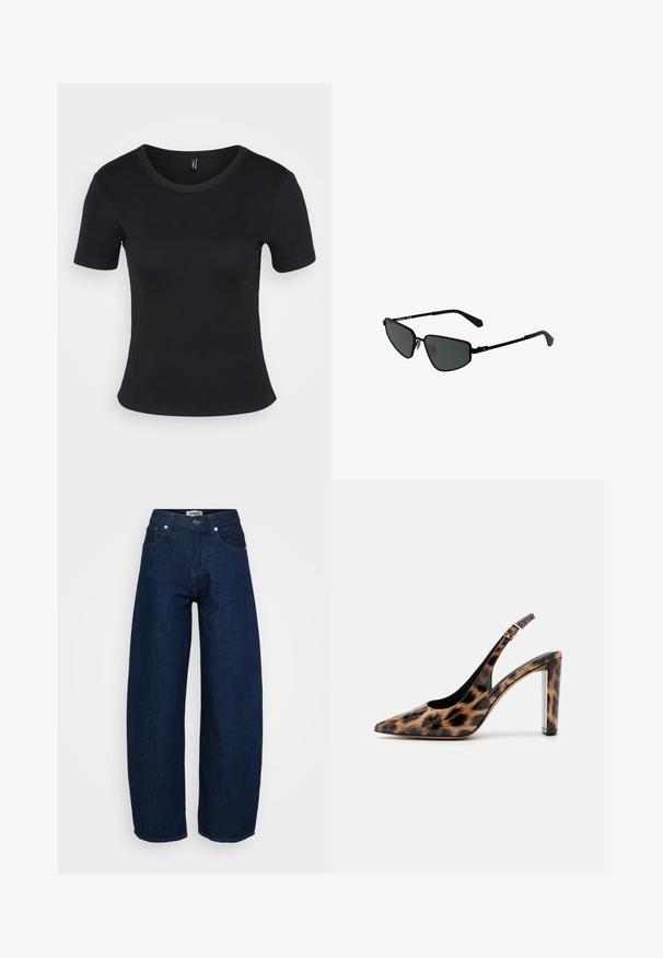Must mustriba lühikeste varrukatega T-särk, ümmarguse kaelusega. Pehme tekstuur ja vormiv disain, otsekandiga ja minimaalsete detailidega.; Laiad teksad tumedast sinisest denimist. Omab nööbisuletust, viit taskut ja nähtavat õmblust. Sile tekstuur ja lõdvestunud sobivus.; Leopardimustriga saadaval sanga pump kõrge kontsaga, millel on terav varvas ja läbipaistev plokktald. Valmistatud läikivast materjalist, millel on sile tekstuur.; Mustade metallik prillid nurgeliste raamidega ja tumedate objektiividega. Omavad õhukesi sirgeid käsi ja nina padjakesi, mis tagavad kindla istuvuse.