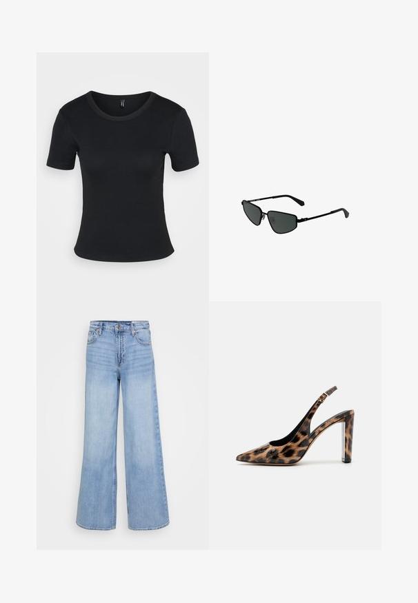 Mustat ribattut lyhythihaiset t-paidat, joissa on pyöreä kaula-aukko. Pehmeä rakenne ja istuva muotoilu, suora helma ja minimaalinen yksityiskohtaisuus.; Vaaleansiniset leveälahkeiset farkut, jotka on valmistettu denimistä. Ne sisältävät korkean vyötärön, etutaskut ja napinauhakiinnityksen, jossa on kuparinvärisiä yksityiskohtia.; Sandaali leopard-kuvioisella varrella, jossa on terävä nenä ja läpinäkyvä lohko korko. Valmistettu kiiltävästä materiaalista, jolla on sileä pinta.; Mustat metalliset aurinkolasit, joissa on kulmikkaat kehykset ja tummat linssit. Sisältää ohuet, suorat varret ja nenätyynyt varman istuvuuden takaamiseksi.; Hopea renkaankorvakoru kiiltävällä pinnalla, jossa on pieniä kultaisia yksityiskohtia ja pyöreä muoto, käytetty korvalla.