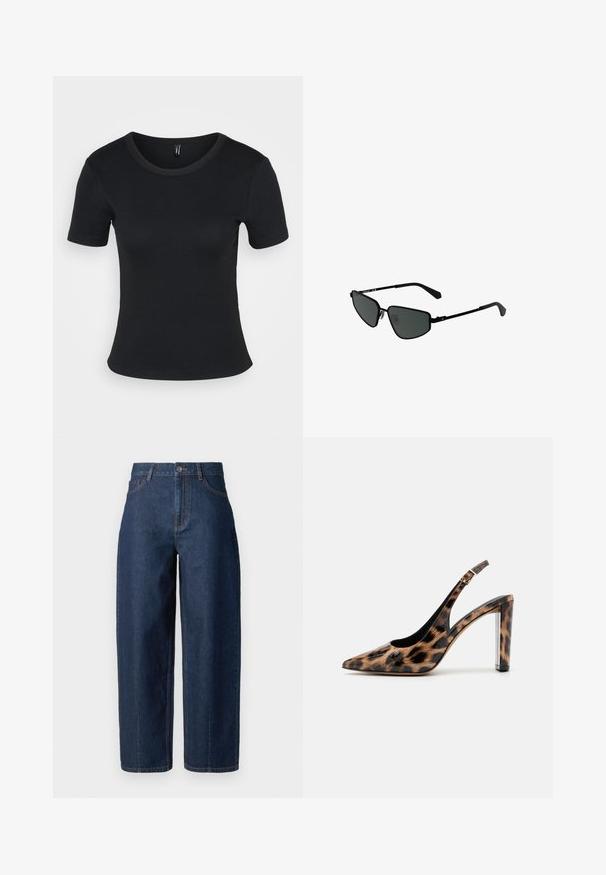 T-shirt noir à rayures, à manches courtes et col rond. Texture douce et design ajusté, avec un ourlet droit et un minimum de détails.; Jeans en denim bleu foncé taille haute, à jambe droite, avec fermeture à boutons, passants de ceinture, et poches avant et arrière, sur fond blanc.; Escarpin à dos nu en imprimé léopard avec un bout pointu et un talon bloc transparent. Fabriqué en matériau brillant avec une texture lisse.; Lunettes de soleil de style black metal avec des montures angulaires et des verres foncés. Elles présentent des branches fines et droites ainsi que des coussinets de nez pour un maintien sécurisé.; Boucle d'oreille en argent avec une finition polie, présentant de petits détails en or et de forme ronde, portée sur le lobe.