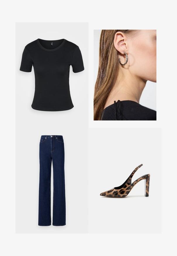 Melna ribota īsā piedurkne t-kreklā ar apaļu kakla izgriezumu. Mīksta tekstūra un pieguļošs dizains, ar taisnu apakšmalu un minimālu noformējumu.; Tumši zili džinsi ar augstu vidukli, platām kājām un klasisko piecu kabatu dizainu. Pabeigti ar kontrastējošu diegu un metāla pogu.; Lāču raksta slingback kurpes ar norādītu purngalu un caurspīdīgu bloku papēdi. Izgatavotas no spīdīgas masas ar gludu tekstūru.; Sudraba auskars ar pulētu apdari, ar maziem zelta akcentiem un apaļu formu, uz ausu ļipiņas.