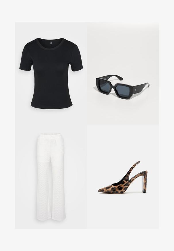 T-shirt noir à rayures, à manches courtes et col rond. Texture douce et design ajusté, avec un ourlet droit et un minimum de détails.; Pantalons blancs avec un design évasé, ornés d'un motif chevron subtil, d'une taille élastique et d'un matériau texturé léger.; Escarpin à dos nu en imprimé léopard avec un bout pointu et un talon bloc transparent. Fabriqué en matériau brillant avec une texture lisse.; Lunettes de soleil noires surdimensionnées avec un design géométrique, des verres rectangulaires et une finition brillante. Pas de marquage visible à l'avant.
