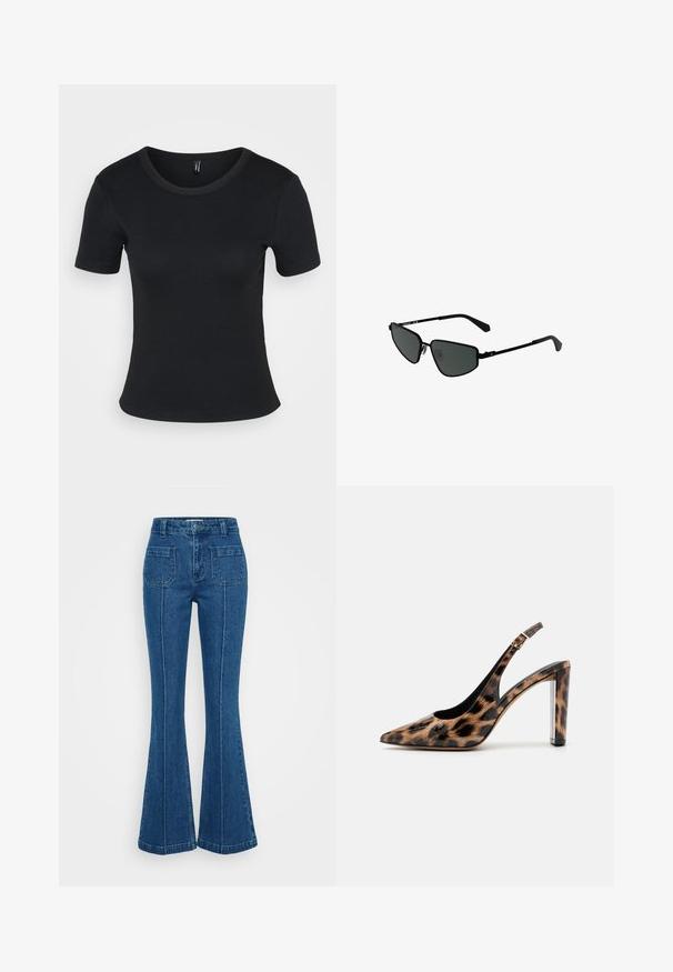 Sort ribbet t-skjorte med korte ermer og rund hals. Myk tekstur og tettsittende design, med rett kant og minimalistiske detaljer.; Blå slengbukser laget av denim, med høy midje, to baklommer og markert søm langs sidesømmene.; Leopardmønstret slingback pumpsko med spidse tæer og gennemsigtig blokhæl. Lavet af glossy materiale med en glat tekstur.; Svarte metal solbriller med kantete rammer og mørke linser. Har tynne, rette armer og nesepads for en sikker passform.; Sølv ringøredob med en polert finish, med små gull detaljer og en rund form, båret på øreflippen.