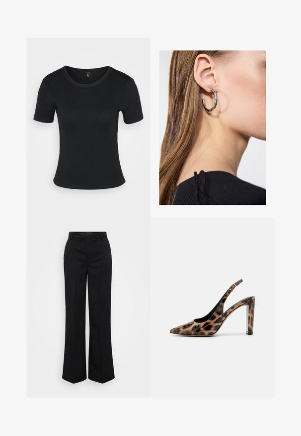 Fekete bordázott rövid ujjú póló, kerek nyakkivágással. Puha tapintású és testhez simuló fazon, egyenes aljjal és minimális részletezéssel.; Gina Tricot Tall STRAIGHT TROUSERS - Nadrágok - black; Leopárdmintás slingback pump, hegyes orral és átlátszó blokk talppal. Fényes anyagból készült, sima tapintású.; Ez egy ezüst fülbevaló, sima felülettel, amelyen apró arany díszítőelemek találhatók. Kerek formájú és a fülcimpán viselik.