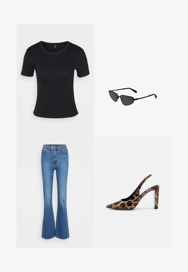 Juodas mėlynos juostelės trumpomis rankovėmis marškinėliai su apvalia iškirpte. Minkšta tekstūra ir prigludęs dizainas, su tiesiu apatine dalimi ir minimaliais elementais.; Aukštos talijos mėlyni džinsai su išplatintais šonais, turintys siuvinėtus kišenių, metalinį mygtuką ir lygią tekstūrą. Klasikinis penkių kišenėlių dizainas.; Leopardų rašto slingback aukštakulniai su smailiu priekiu ir skaidriu blokuotu kulnu. Pagaminti iš blizgaus medžiagos su glotnia tekstūra.; Juodos metalinės saulės akinių su kampuotais rėmeliais ir tamsiais objektyvais. Turintys plonas, tiesias kojeles ir nosies pagalvėles, užtikrinančias tvirtą prigludimą.