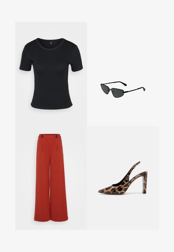 Tricou scurt cu mânecă scurtă de culoare neagră, cu guler rotund. Textură moale și design ajustat, cu o tivă dreaptă și detalii minime.; Pantaloni evazați dintr-un material de un roșu-portocalie profund. Prezintă două plissuri frontale și două butoane pe talie. Textură netedă, design confortabil.; Pantof cu toc înalt, cu imprimeu leopard, cu vârf ascuțit și toc transparent. Fabricat dintr-un material lucios, cu o textură netedă.; Ochelari de soare negri din metal cu rame unghiulare și lentile întunecate. Au brațe subțiri și drepte și suporturi pentru nas pentru o potrivire sigură.; Cercel din argint cu un finisaj polișat, având detalii mici din aur și o formă rotundă, purtat pe lobul urechii.