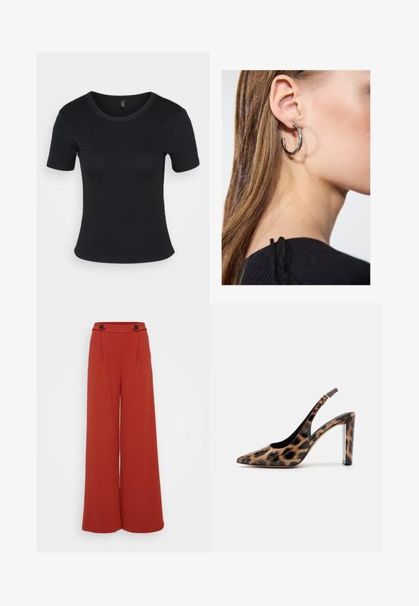 Sort ribbet t-skjorte med korte ermer og rund hals. Myk tekstur og tettsittende design, med rett kant og minimalistiske detaljer.; Vide benbukser i en dyp rødlig-oransje stoff. Har to frontfold og to knapper i midjen. Glatt tekstur, avslappet design.; Leopardmønstret slingback pumpsko med spidse tæer og gennemsigtig blokhæl. Lavet af glossy materiale med en glat tekstur.; Sølv ringøredob med en polert finish, med små gull detaljer og en rund form, båret på øreflippen.
