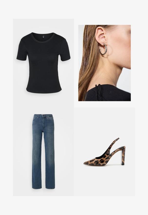 Černé vroubkované tričko s krátkým rukávem a kulatým výstřihem. Měkká textura a přiléhavý střih, s rovním lemem a minimem detailů.; Modré džíny s vysokým pasem a rovnými nohavicemi, s předními kapsami, poutky na opasek, zapínáním na knoflík a zip. Mírné vyblednutí na stehnech.; Sandalové lodičky s leopardím potiskem, špičatou špičkou a průhledným blokovým podpatkem. Vyrobené z lesklého materiálu s hladkým povrchem.; Stříbrný kruhový náušník s lesklým povrchem, zdobený malými zlatými akcenty, v kulatém tvaru, nošený na lalůčku.