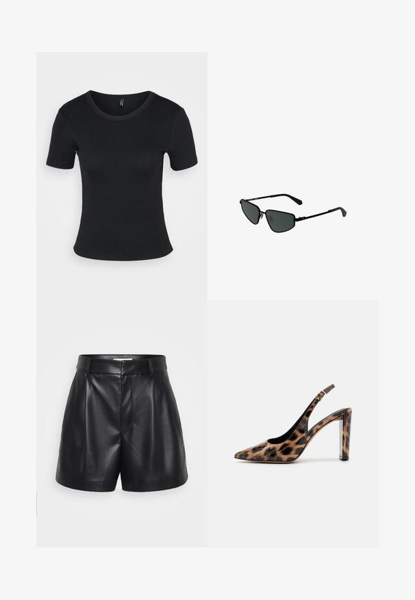 Black ribbed short-sleeve t-shirt with a round neckline. Soft texture and fitted design, featuring a straight hem and minimal detailing.; Black leather shorts featuring a high waist, pleated front, and side pockets. Smooth texture with a polished finish.; Leopard print slingback pump with a pointed toe and transparent block heel. Made of glossy material with a smooth texture.; Black metal sunglasses with angular frames and dark lenses. Features thin, straight arms and nose pads for secure fit.; Silver hoop earring with a polished finish, featuring small gold accent details and a round shape, worn on the lobe.