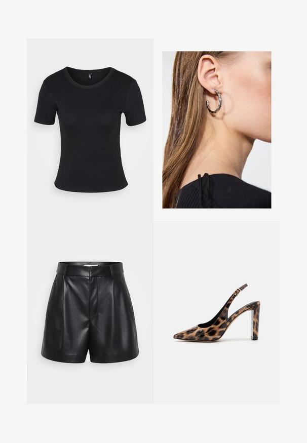 Black ribbed short-sleeve t-shirt with a round neckline. Soft texture and fitted design, featuring a straight hem and minimal detailing.; Black leather shorts featuring a high waist, pleated front, and side pockets. Smooth texture with a polished finish.; Leopard print slingback pump with a pointed toe and transparent block heel. Made of glossy material with a smooth texture.; Silver hoop earring with a polished finish, featuring small gold accent details and a round shape, worn on the lobe.