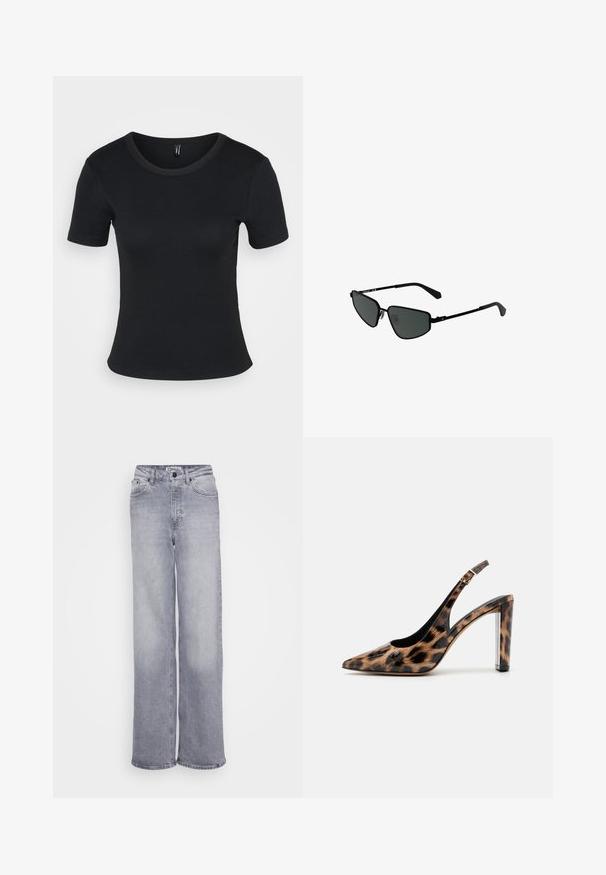 Melna ribota īsā piedurkne t-kreklā ar apaļu kakla izgriezumu. Mīksta tekstūra un pieguļošs dizains, ar taisnu apakšmalu un minimālu noformējumu.; ONLY Tall ONLJUICY WIDE LEG - Džinsi ar platām starām - medium grey denim; Lāču raksta slingback kurpes ar norādītu purngalu un caurspīdīgu bloku papēdi. Izgatavotas no spīdīgas masas ar gludu tekstūru.; Melnās metāla saulesbrilles ar leņķveida rāmjiem un tumšiem stikliem. Tām ir plānas, taisnas kājas un deguna spilventiņi drošai piegulšanai.; Sudraba auskars ar pulētu apdari, ar maziem zelta akcentiem un apaļu formu, uz ausu ļipiņas.
