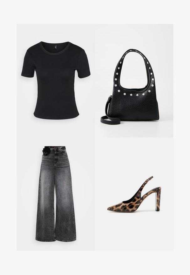 Tricou scurt cu mânecă scurtă de culoare neagră, cu guler rotund. Textură moale și design ajustat, cu o tivă dreaptă și detalii minime.; Jeans cu picioare largi din denim negru decolorat, având talie înaltă și un accent decorativ floral negru pe talie.; Pantof cu toc înalt, cu imprimeu leopard, cu vârf ascuțit și toc transparent. Fabricat dintr-un material lucios, cu o textură netedă.; Geantă din piele texturată neagră, cu bolțuri argintii de-a lungul marginii superioare și a mânerei, având o mână scurtă și o curea detasabilă.; Cercel din argint cu un finisaj polișat, având detalii mici din aur și o formă rotundă, purtat pe lobul urechii.