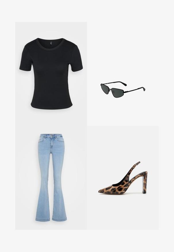 Camiseta negra de manga corta con un cuello redondo. Textura suave y diseño ajustado, con un dobladillo recto y un detalle mínimo.; Jeans acampanados de color azul claro hechos de denim, con una cintura alta, cinco bolsillos y costuras en contraste a lo largo de las costuras.; Zapato de salón con estampado de leopardo y tacón de bloque transparente. Fabricado con material brillante y textura suave.; Gafas de sol de metal negro con montura angular y lentes oscuros. Cuentan con varillas delgadas y rectas, así como almohadillas nasales para un ajuste seguro.; Pendiente de aro de plata con un acabado pulido, que presenta pequeños detalles en dorado y una forma redonda, llevado en el lóbulo.