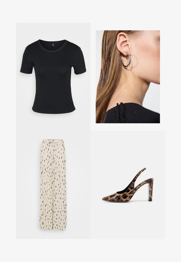 Black ribbed short-sleeve t-shirt with a round neckline. Soft texture and fitted design, featuring a straight hem and minimal detailing.; Cream maxi skirt with black diamond and floral patterns, pleated fabric, tie waist detail, and flowy design.; Leopard print slingback pump with a pointed toe and transparent block heel. Made of glossy material with a smooth texture.; Silver hoop earring with a polished finish, featuring small gold accent details and a round shape, worn on the lobe.