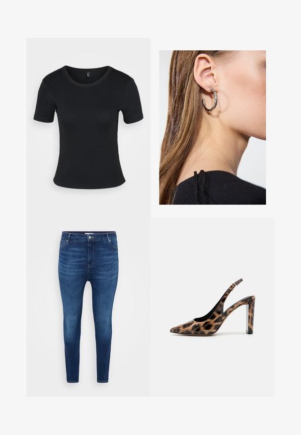 Mustat ribattut lyhythihaiset t-paidat, joissa on pyöreä kaula-aukko. Pehmeä rakenne ja istuva muotoilu, suora helma ja minimaalinen yksityiskohtaisuus.; Tummansiniset kapeat farkut etutaskuilla, vyölenkeillä ja nappikiinnityksellä vaalealla yksinkertaisella taustalla.; Sandaali leopard-kuvioisella varrella, jossa on terävä nenä ja läpinäkyvä lohko korko. Valmistettu kiiltävästä materiaalista, jolla on sileä pinta.; Hopea renkaankorvakoru kiiltävällä pinnalla, jossa on pieniä kultaisia yksityiskohtia ja pyöreä muoto, käytetty korvalla.