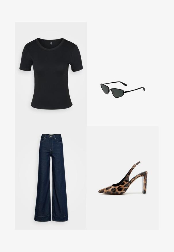 Svart ribbad t-shirt med kort ärm och rund halsringning. Mjuk textur och skräddarsydd design, med en rak nederkant och minimal detaljering.; Mörkblå högmidjade vida jeans med framfickor, bältesöglor, knappstängning och synlig sömnad på en vit bakgrund.; Leopardmönstrad slingback-pump med spetsig tå och transparent blockklack. Tillverkad av glansigt material med en slät textur.; Svarta metallsolglasögon med vinklade bågar och mörka linser. Har tunna, raka armar och nässtöd för säker passform.; Silverörhänge med polerad yta, med små detaljer i guld och rund form, bärs på loben.