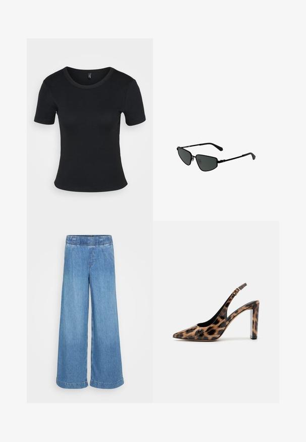 Camiseta negra de manga corta con un cuello redondo. Textura suave y diseño ajustado, con un dobladillo recto y un detalle mínimo.; Vaqueros de mezclilla azul claro, de pierna ancha, con cintura elástica y sin bolsillos visibles. Presentan un acabado limpio con dobladillos enrollados.; Zapato de salón con estampado de leopardo y tacón de bloque transparente. Fabricado con material brillante y textura suave.; Gafas de sol de metal negro con montura angular y lentes oscuros. Cuentan con varillas delgadas y rectas, así como almohadillas nasales para un ajuste seguro.; Pendiente de aro de plata con un acabado pulido, que presenta pequeños detalles en dorado y una forma redonda, llevado en el lóbulo.