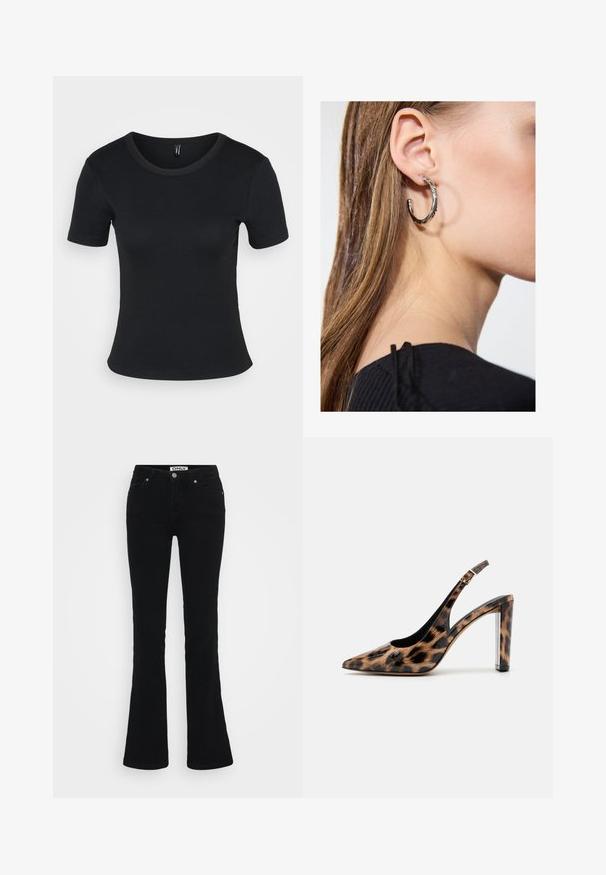 Must mustriba lühikeste varrukatega T-särk, ümmarguse kaelusega. Pehme tekstuur ja vormiv disain, otsekandiga ja minimaalsete detailidega.; Mustad flared teksapüksid klassikalise viie tasku disainiga, hõbedaste detailidega ja nööbiga sulgemine taljes.; Leopardimustriga saadaval sanga pump kõrge kontsaga, millel on terav varvas ja läbipaistev plokktald. Valmistatud läikivast materjalist, millel on sile tekstuur.; Hõbedane rõngas kõrvarõngas poleeritud viimistlusega, millel on väikesed kuldsed aktsendid ja ümmargune kuju, kantud lobus.