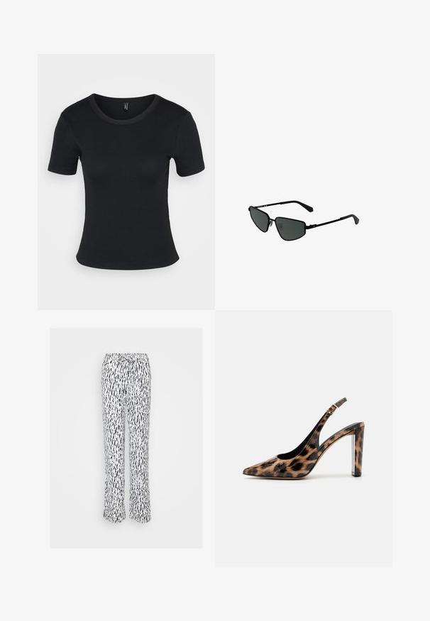 Juodas mėlynos juostelės trumpomis rankovėmis marškinėliai su apvalia iškirpte. Minkšta tekstūra ir prigludęs dizainas, su tiesiu apatine dalimi ir minimaliais elementais.; Baltos kelnės su tamsiai mėlynu abstrakčiu raštu, su elastingu juosmeniu ir reguliuojamu raišteliu. Tiesios kojos dizainas su laisvu pritaikymu.; Leopardų rašto slingback aukštakulniai su smailiu priekiu ir skaidriu blokuotu kulnu. Pagaminti iš blizgaus medžiagos su glotnia tekstūra.; Juodos metalinės saulės akinių su kampuotais rėmeliais ir tamsiais objektyvais. Turintys plonas, tiesias kojeles ir nosies pagalvėles, užtikrinančias tvirtą prigludimą.