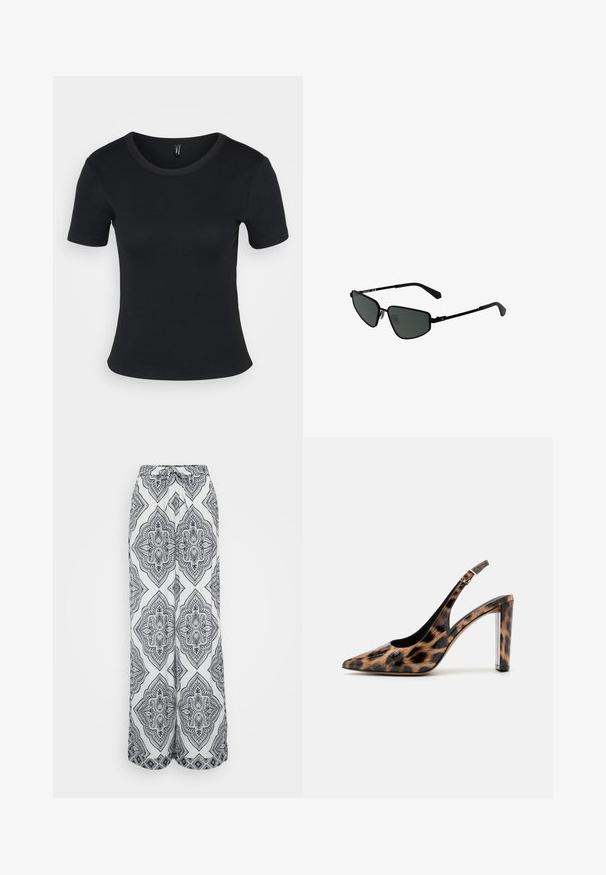 Camiseta negra de manga corta con un cuello redondo. Textura suave y diseño ajustado, con un dobladillo recto y un detalle mínimo.; Pantalones de pierna ancha con un patrón geométrico en blanco y negro. Presentan una cintura con cordón, tejido ligero y una silueta fluida.; Zapato de salón con estampado de leopardo y tacón de bloque transparente. Fabricado con material brillante y textura suave.; Gafas de sol de metal negro con montura angular y lentes oscuros. Cuentan con varillas delgadas y rectas, así como almohadillas nasales para un ajuste seguro.