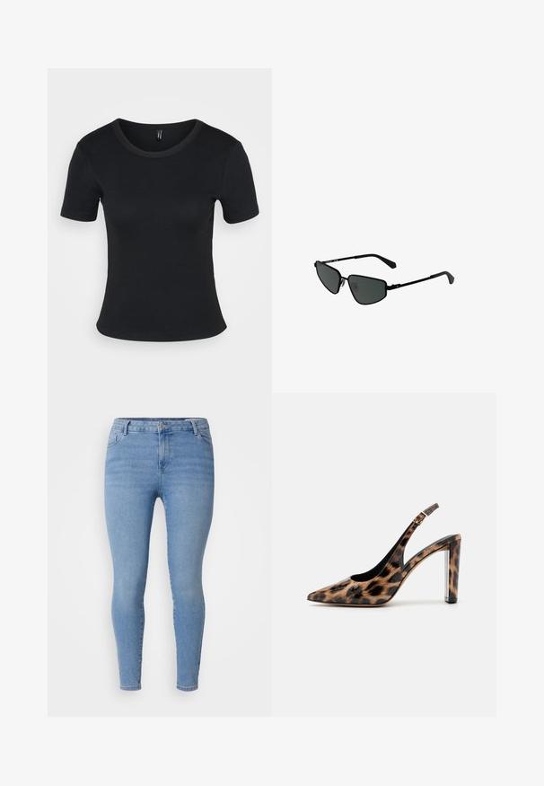 Must mustriba lühikeste varrukatega T-särk, ümmarguse kaelusega. Pehme tekstuur ja vormiv disain, otsekandiga ja minimaalsete detailidega.; Heledad sinine kitsas teksade paari, mis on valmistatud denimist, klassikalise viie tasku stiiliga, luku ja kitsaste sääreavadega. Sile tekstuur, kerge tuhmumine.; Leopardimustriga saadaval sanga pump kõrge kontsaga, millel on terav varvas ja läbipaistev plokktald. Valmistatud läikivast materjalist, millel on sile tekstuur.; Mustade metallik prillid nurgeliste raamidega ja tumedate objektiividega. Omavad õhukesi sirgeid käsi ja nina padjakesi, mis tagavad kindla istuvuse.; Hõbedased rõngaskõrvarõngad, millel on sile, läikiv viimistlus. Ümmargune kuju ja turvaline klõpsulatus. Kerge disain, sobib igapäevaseks kandmiseks.