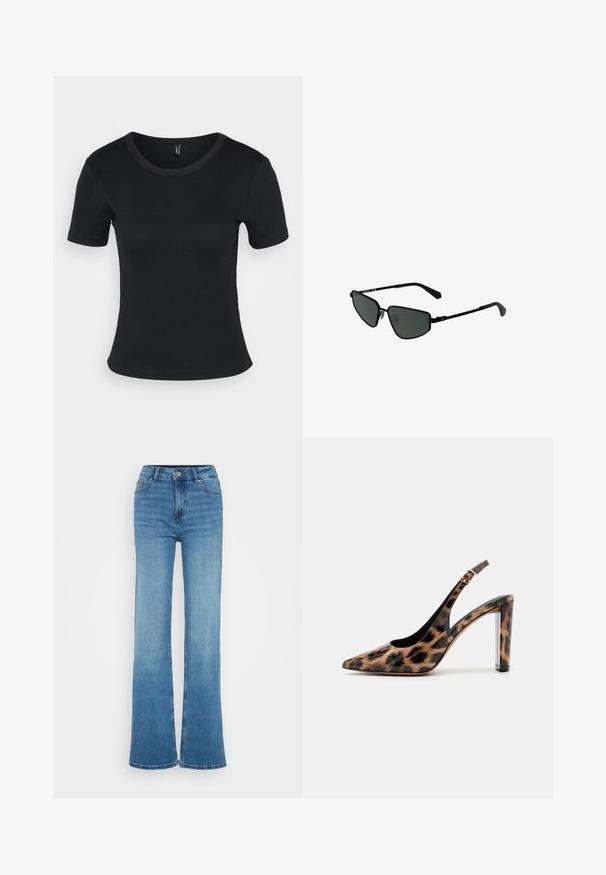 Tricou scurt cu mânecă scurtă de culoare neagră, cu guler rotund. Textură moale și design ajustat, cu o tivă dreaptă și detalii minime.; Jeans din denim albastru, cu talie înaltă și croială evazată, cu o textură netedă, cusături la buzunare frontale și margini brute la deschiderile largi ale picioarelor.; Pantof cu toc înalt, cu imprimeu leopard, cu vârf ascuțit și toc transparent. Fabricat dintr-un material lucios, cu o textură netedă.; Ochelari de soare negri din metal cu rame unghiulare și lentile întunecate. Au brațe subțiri și drepte și suporturi pentru nas pentru o potrivire sigură.