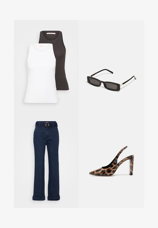 Divi t-krekli baltā un tumši pelēkā krāsā, ar ribotu tekstūru, apaļu kakla izgriezumu un bez piedurknēm. Etiķetes atrodas iekšējā kakla izgriezumā.; Tumši zilo džinsu bikses ar platu kāju dizainu, kas aprīkotas ar jostu ar lielu metalisku sprādzi un redzamām šuvju akcentiem.; Lāču raksta slingback kurpes ar norādītu purngalu un caurspīdīgu bloku papēdi. Izgatavotas no spīdīgas masas ar gludu tekstūru.; Melnas taisnstūra saulesbrilles ar tumšiem objektīviem, spīdīgām plastikāta rāmēm un zelta akcentiem tempļos. Minimalistisks dizains un eleganta forma.