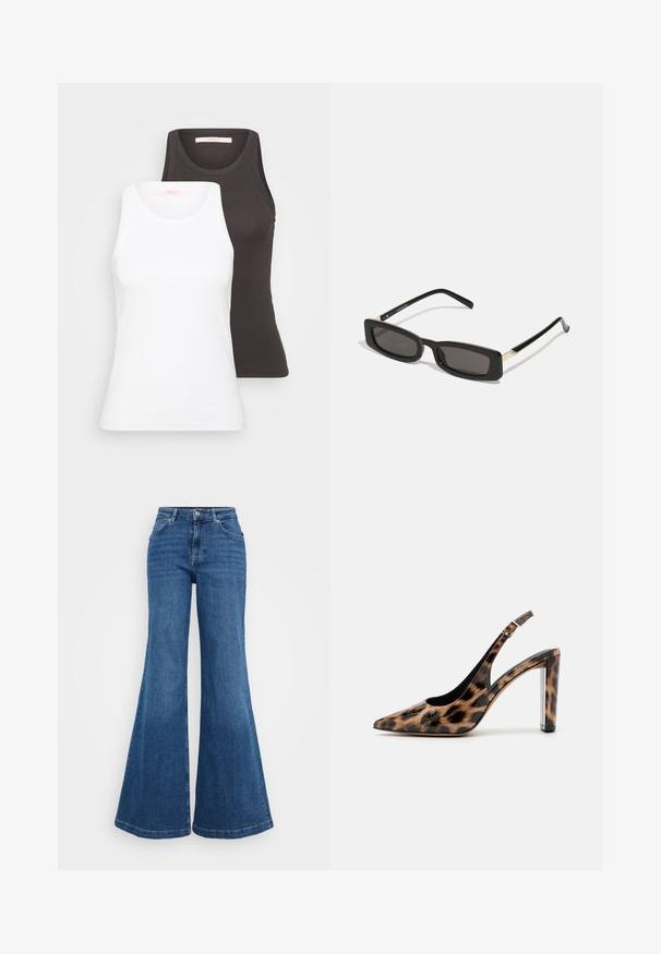To t-skjorter i hvit og mørkegrå, med ribbet tekstur, rund hals og uten ermer. Merker er på innsiden av halsen.; Blå denim bukser med utsvingte ben og høy midje, med en klassisk fem-lommers design og en glatt tekstur. Bunn er bred og har en ferdig kant.; Leopardmønstret slingback pumpsko med spidse tæer og gennemsigtig blokhæl. Lavet af glossy materiale med en glat tekstur.; Svart rektangulære solbriller med mørke linser, blanke plastrammer og gullaksenter på sidene. Minimalistisk design og strømlinjeformet form.