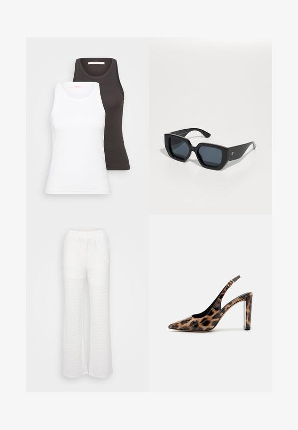 Twee tanktops in wit en donkergrijs, met een ribbelstructuur, ronde halslijnen en mouwloos ontwerp. Labels zijn aan de binnenkant van de halslijn.; Witte broeken met een uitlopende snit, voorzien van een subtiel zigzagpatroon, elastische tailleband en lichtgewicht textuurmateriaal.; Leopardprint slingback pump met een spitse neus en een transparante blokhak. Gemaakt van glanzend materiaal met een gladde textuur.; Zwarte oversized zonnebril met een geometrisch ontwerp, rechthoekige lenzen en een glanzende afwerking. Geen zichtbare branding aan de voorkant.