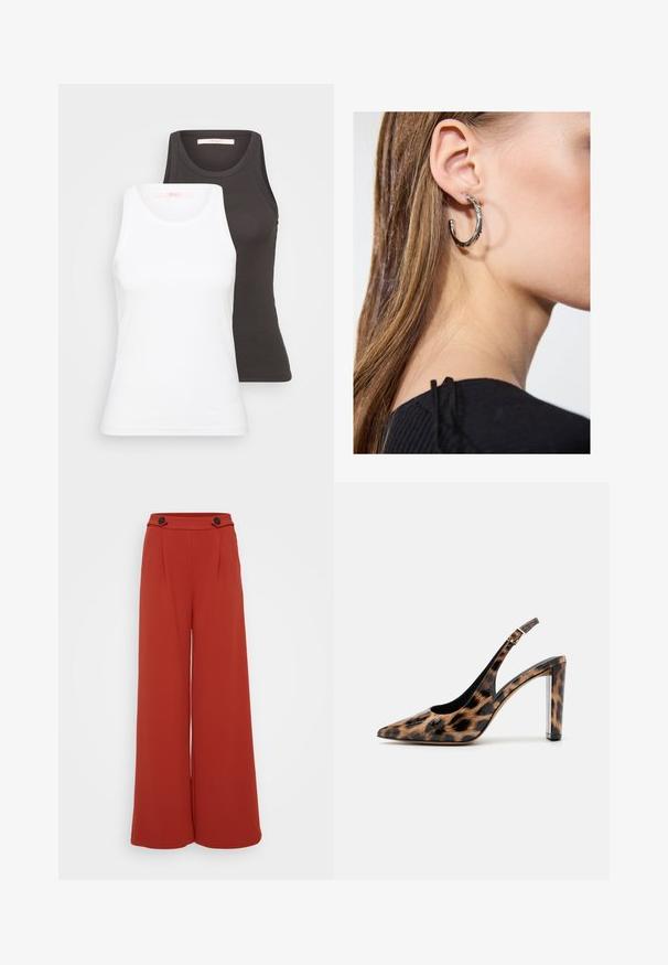 Two tank tops in white and dark gray, featuring a ribbed texture, round necklines, and sleeveless design. Labels are on the inside neckline.; Wide-leg trousers in a deep reddish-orange fabric. Features two front pleats and two buttons on the waistband. Smooth texture, casual design.; Leopard print slingback pump with a pointed toe and transparent block heel. Made of glossy material with a smooth texture.; Silver hoop earring with a polished finish, featuring small gold accent details and a round shape, worn on the lobe.