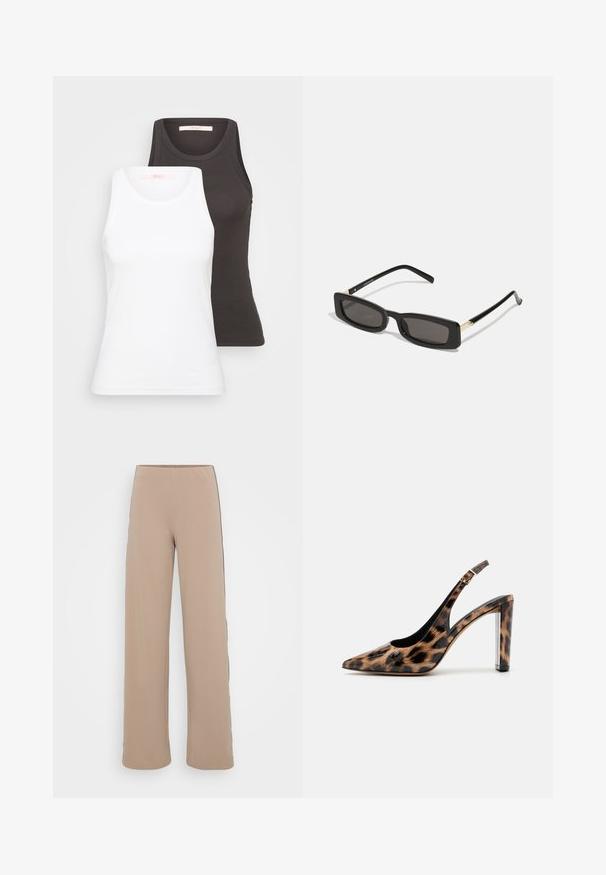 Két ujjatlan top, fehér és sötétszürke színben, bordás textúrájú, kerek nyakkivágással. A címkék a belső nyakkivágáson találhatók.; Beige, széles szárú nadrág sima textúrával és fekete oldalsávokkal. Magas derék résszel rendelkezik, amely karcsúsított sziluettet biztosít.; Leopárdmintás slingback pump, hegyes orral és átlátszó blokk talppal. Fényes anyagból készült, sima tapintású.; Fekete téglalap alakú napszemüveg sötét lencsékkel, fényes műanyag kerettel, arany díszítéssel az temples. Minimalista design és elegáns forma.