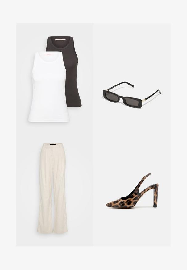 Zwei Tanktops in Weiß und Dunkelgrau mit gerippter Textur, rundem Ausschnitt und ärmellosem Design. Die Etiketten befinden sich im Innenausschnitt.; Vero Moda Tall VMSOFFIE WIDE - Stoffhose - birch; Pumps mit Leopardenmuster im Slingback-Stil, spitz zulaufend und mit transparentem Blockabsatz. Hergestellt aus glänzendem Material mit glatter Oberfläche.; Schwarze rechteckige Sonnenbrillen mit dunklen Gläsern, glänzenden Kunststoffrahmen und goldenen Akzenten an den Bügeln. Minimalistisches Design und schlanke Form.