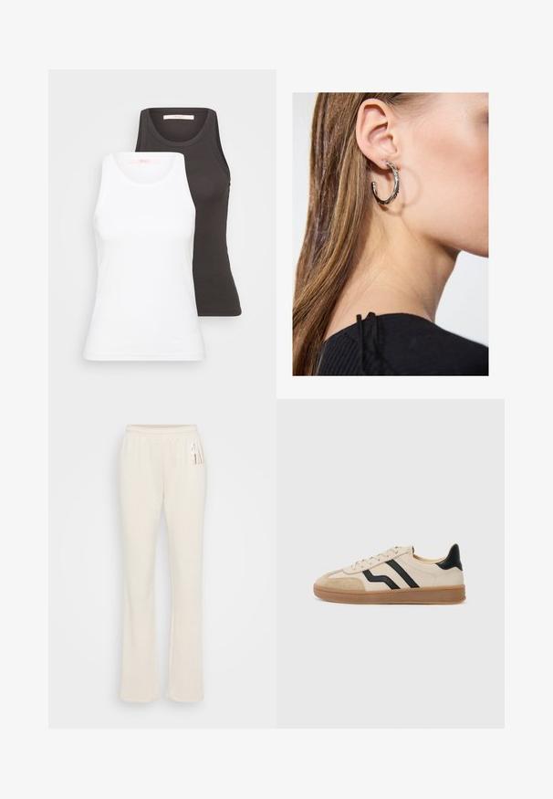 Dos camisetas sin mangas en blanco y gris oscuro, con una textura acanalada, escote redondo y diseño sin mangas. Las etiquetas están en el interior del escote.; Pantalones de chándal color crema hechos de una tela suave, con un corte relajado, cintura elástica y un acento decorativo de logo en el lateral.; Zapatillas beige con franjas negras, con puntera de gamuza y suela de goma. El diseño presenta un acabado suave y un cierre con cordones.; Pendiente de aro de plata con un acabado pulido, que presenta pequeños detalles en dorado y una forma redonda, llevado en el lóbulo.