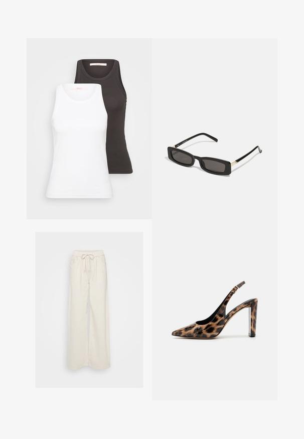 Two tank tops in white and dark gray, featuring a ribbed texture, round necklines, and sleeveless design. Labels are on the inside neckline.; Cream-colored wide-leg pants made of soft fabric with an elastic waistband and drawstring. Features two side pockets.; Leopard print slingback pump with a pointed toe and transparent block heel. Made of glossy material with a smooth texture.; Black rectangular sunglasses with dark lenses, glossy plastic frames, and gold accents on the temples. Minimalist design and sleek shape.