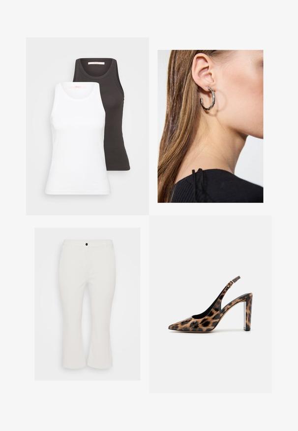 Två linnen i vitt och mörkgrått, med ribbat mönster, rundad halsringning och ärmlös design. Etiketter finns på insidan av halsringningen.; Vita beskurna byxor i en bomullsblandning, med knappstängning fram, bältesöglor och rak bendesign. Slät textur, avslappnad stil.; Leopardmönstrad slingback-pump med spetsig tå och transparent blockklack. Tillverkad av glansigt material med en slät textur.; Silverörhänge med polerad yta, med små detaljer i guld och rund form, bärs på loben.