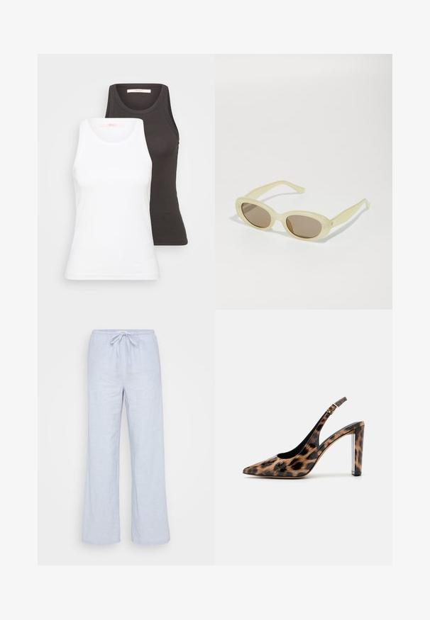 Two tank tops in white and dark gray, featuring a ribbed texture, round necklines, and sleeveless design. Labels are on the inside neckline.; Light blue linen trousers with a relaxed fit, drawstring waist, and wide legs. Smooth texture, ideal for casual wear.; Leopard print slingback pump with a pointed toe and transparent block heel. Made of glossy material with a smooth texture.; Oval sunglasses with a translucent pale yellow frame and brown lenses. Features smooth texture and subtle hardware accents on the sides.