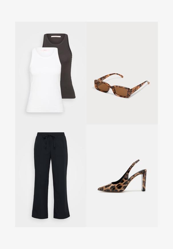 To t-skjorter i hvit og mørkegrå, med ribbet tekstur, rund hals og uten ermer. Merker er på innsiden av halsen.; Svarte, lette bukser med løs passform, elastisk midje og snor detalj. Glatt tekstur og vid bendesign.; Leopardmønstret slingback pumpsko med spidse tæer og gennemsigtig blokhæl. Lavet af glossy materiale med en glat tekstur.; Skilpadde-solbriller med rektangulære brune linser, en tykk ramme og smale stenger som har et mønster av varierende nyanser av brunt.