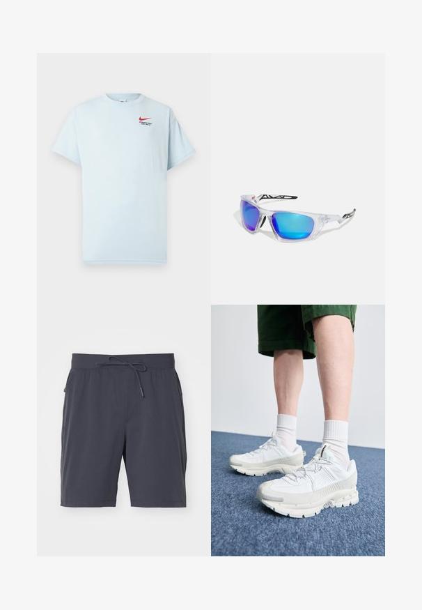 Svietlo modré bavlnené tričko s krátkymi rukávmi, okrúhlym výstrihom a červeným logom Nike swoosh. Text uvádza "ATLETICKÉ ODD. LEN TO UROB."; Tmavosivé šortky s elastickým pásom a šnúrkou. Hladká tkanina, dve bočné vrecká a dĺžka po kolená. Žiadne viditeľné vzory.; Biele športové topánky s textúrovanými prešívaniami, robustnou podrážkou a sivými akcentami. Nosené s bielymi ponožkami po členky a zelenými šortkami na modrom povrchu.; Športové slnečné okuliare s priehľadnými rámami, modro-purpurovými zrkadlovými sklami, ostrým dizajnom a čiernymi akcentmi na spánkoch.