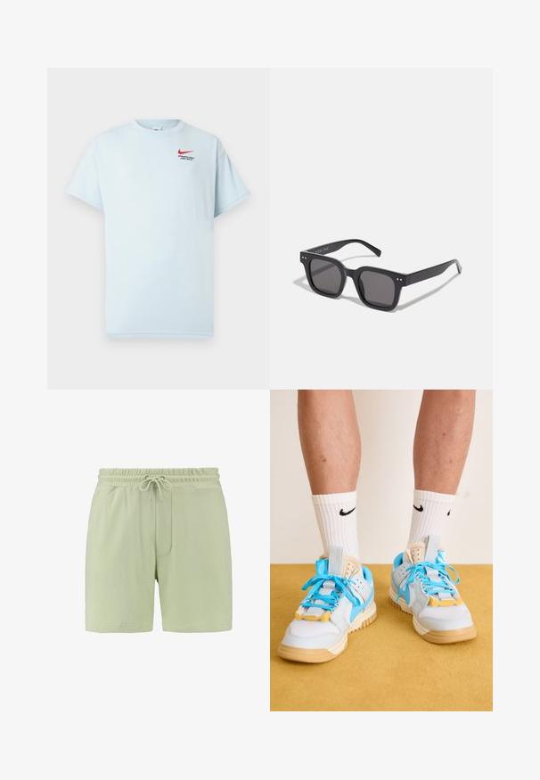 Svietlo modré bavlnené tričko s krátkymi rukávmi, okrúhlym výstrihom a červeným logom Nike swoosh. Text uvádza "ATLETICKÉ ODD. LEN TO UROB."; Svetlozelené šortky z jemnej látky, s elastickým pásom a sťahovacou šnúrkou, a bočnou vreckom. Hladká textúra, voľný strih.; Svetlo modré tenisky s béžovými podrážkami, s výraznými tyrkysovými šnúrkami a žltými akcentmi. Textúrované materiály a viditeľné vzduchové vankúše.; Čierne obdĺžnikové slnečné okuliare s tmavými sklami, s hrubým rámom, jemnými akcentmi na stranách a bez viditeľných log, okrem názvu značky.
