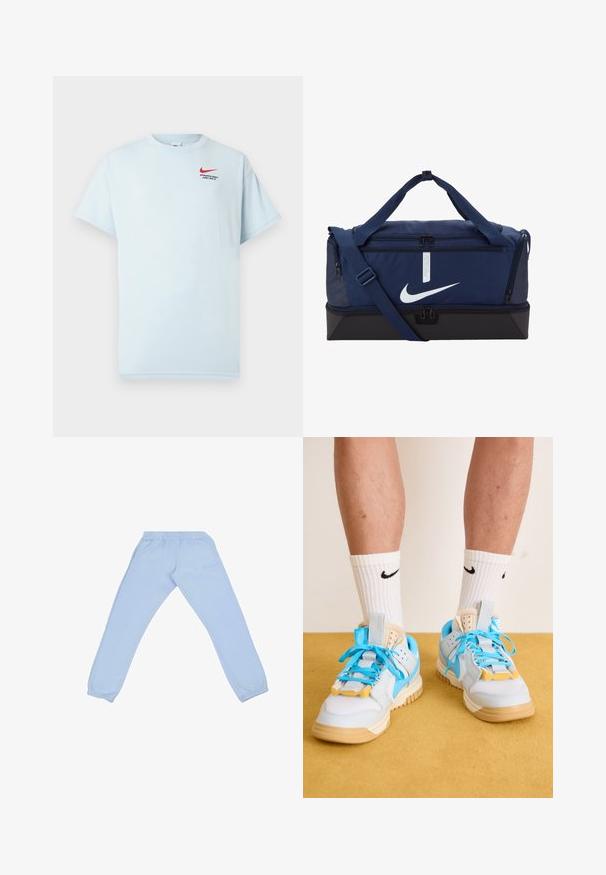 Helles blaues Baumwoll-T-Shirt mit kurzen Ärmeln, rundem Ausschnitt und rotem Nike-Swoosh-Logo. Der Text lautet "ATHLETIC DEPT. JUST DO IT."; Helle blaue Jogginghose aus einem weichen Material, mit einem elastischen Bund, tapered Beinen und einem dezenten Logodetail an der Seite.; Helleblaue Sneakers mit hellbraunen Sohlen, die auffällige türkisfarbene Schnürsenkel und gelbe Akzente zeigen. Strukturiertes Material und sichtbare Luftpolster.; Navyblauer Duffelbag mit schwarzem Boden, verstellbarem Schultergurt, doppeltem Reißverschluss und prominentem weißen Nike-Swoosh-Logo auf der Vorderseite.