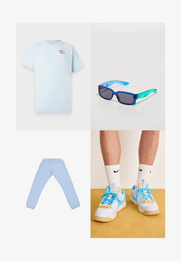 Gaiši zils kokvilnas T-krekls ar īsām piedurknēm, apaļu kaklu un sarkano Nike swoosh logo. Uzraksts: "SPORTA NODAĻA. TIKAI DARI TO."; Gaiši zili sporta bikses, kas izgatavotas no mīksta materiāla, ar elastīgu jostu, sašaurinātām kājām un smalku logo detaļu sānos.; Gaiši zili sporta apavi ar brūnu zoli, ar izteiktiem tirkīza šņorēm un dzeltenām akcentiem. Tekstūrēti materiāli un redzama gaisa amortizācija.; Zilie un zaļie saulesbrilles ar taisnstūra lēcām; caurspīdīgi rāmi; teksturētas zilas rokas; tumši lēcas; pamanāma zīmola apzīmējums sānos.