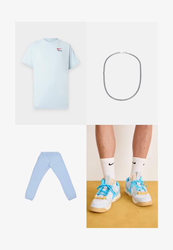 Svijetloplava pamučna majica kratkih rukava, okruglog ovratnika, s crvenim Nike swoosh logom. Natpis glasi "ATLETSKI DEO. JEDNOSTAVNO URADI TO."; Svijetloplave trenirke od mekog materijala, s elastičnom oznakom u struku, sužene noge i diskretan logo detalj sa strane.; Svijetloplave tenisice s bež potplatima, s naglašenim tirkiznim vezicama i žutim detaljima. Teksturirani materijali i vidljiva zračna amortizacija.; Srebrna metalna ogrlica od lančića s debelim, međusobno povezanim karikama, poliranim teksturom i malom kopčom s detaljem brendiranja.