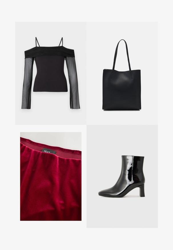 Schwarzes Off-Shoulder-Top mit dünnen Trägern und langen, transparenten Ärmeln aus durchsichtigem Netzstoff.; Roter Samtstoff mit glatter Textur, ausgestattet mit einem gerafften Taillenbund. Markenetikett "NEXT" ist nahe der oberen Kante sichtbar.; Schwarzer Lackleder-Stiefelette mit spitzer Zehe und einem mittelhohen Blockabsatz. Glatte Textur und minimalistisches Design.; Schwarze Laptoptasche aus Leder mit glatter Textur, rechteckiger Form und zwei langen Griffen. Keine sichtbaren Beschläge oder Verzierungen.