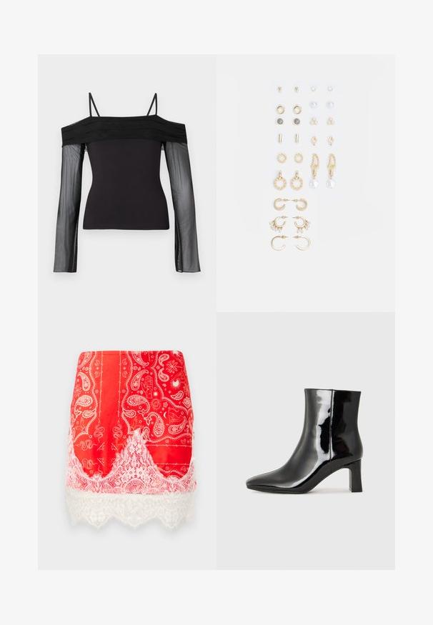 Czarny top bez ramiączek z cienkimi paskami i przezroczystymi długimi rękawami wykonanymi z półprzezroczystego materiału siatkowego.; Czerwona mini spódniczka z białymi wzorami paisley i mistycznymi nadrukami, wykończona białą koronką kwiatową na dolnej krawędzi.; Czarne lakierowane botki za kostkę z wysmukłym noskiem i średniej wysokości obcasem w kształcie słupka. Gładka tekstura i minimalistyczny design.; Zestaw kolczyków w kolorze złotym, zawierający różne wzory, w tym klipsy, kółka oraz zwisające elementy z perłami i cyrkoniami.