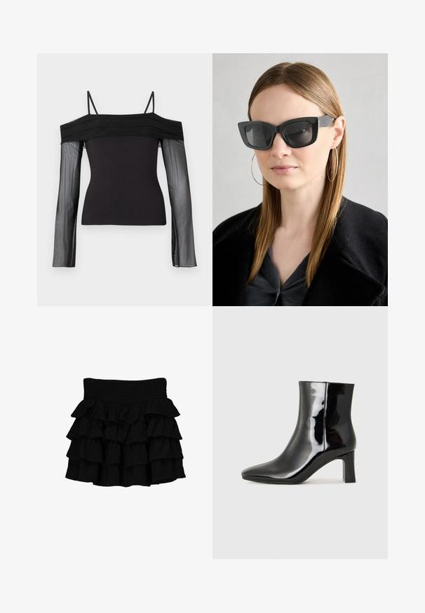 Top negru fără umeri, cu bretele subțiri și mâneci lungi transparente realizate din țesătură din plasă translucidă.; Fustă neagră cu volane, având o talie elastică, realizată dintr-un material moale, cu volane suprapuse care adaugă textură.; Botine negre din piele lacuită, cu vârful ascuțit și toc bloc de înălțime medie. Textură netedă și design minimalist.; Ochelari de soare negri tip cat-eye cu lentile întunecate, rame groase și accente subtile. Purtați cu o haină neagră și un top gri, având părul lung și drept.
